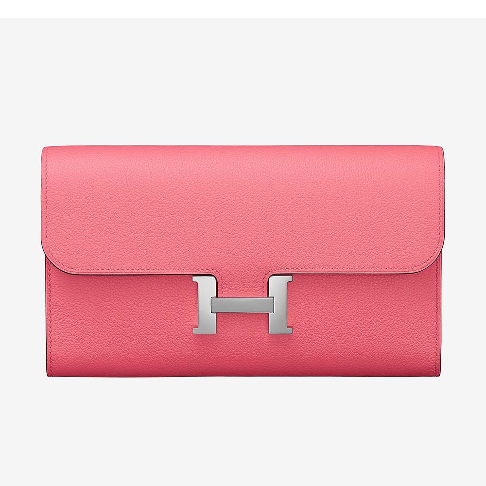 Front view of Hermes Women Constance Long Wallet in pink calfskin leather