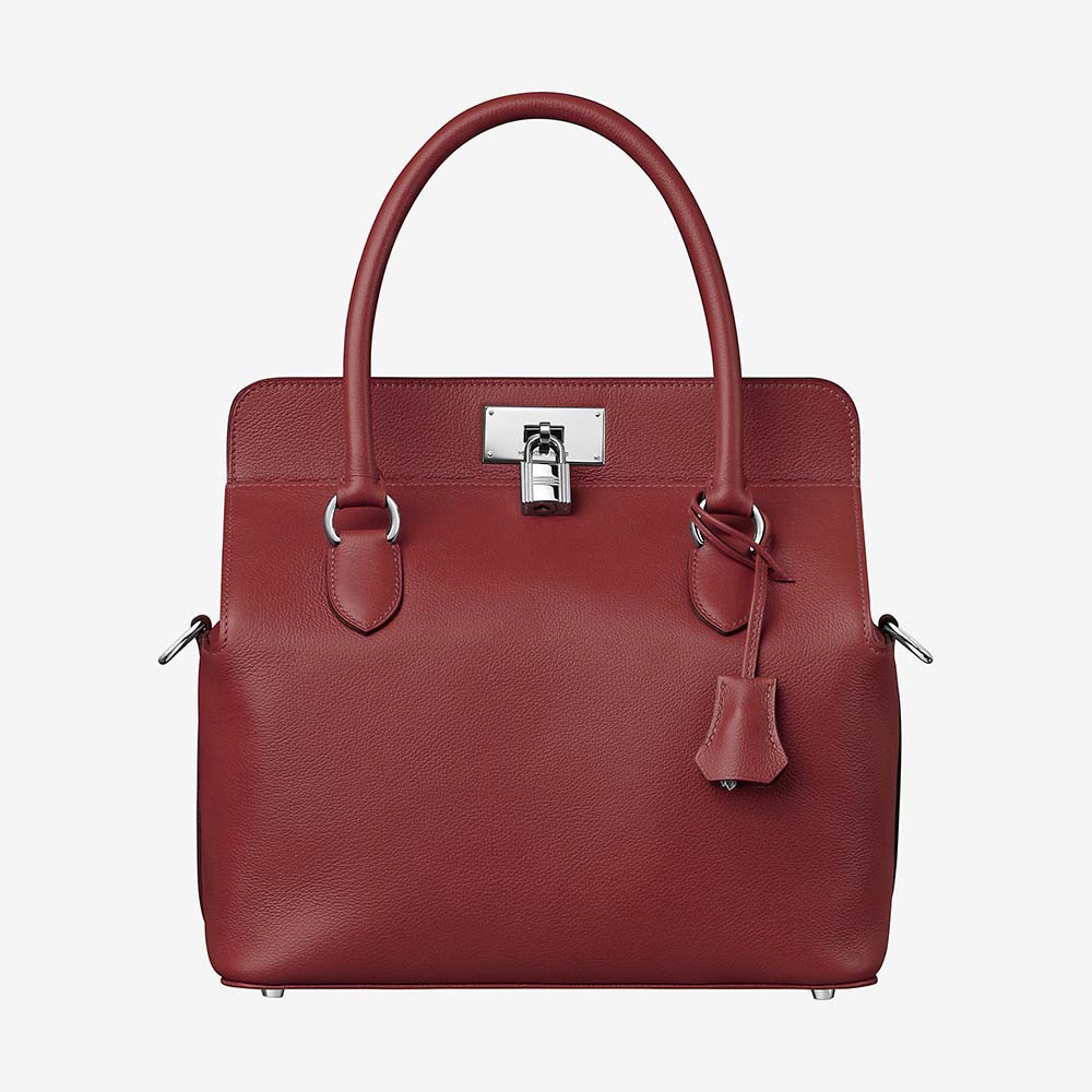 Front view of Hermes Women Toolbox 26 Bag in maroon calfskin leather