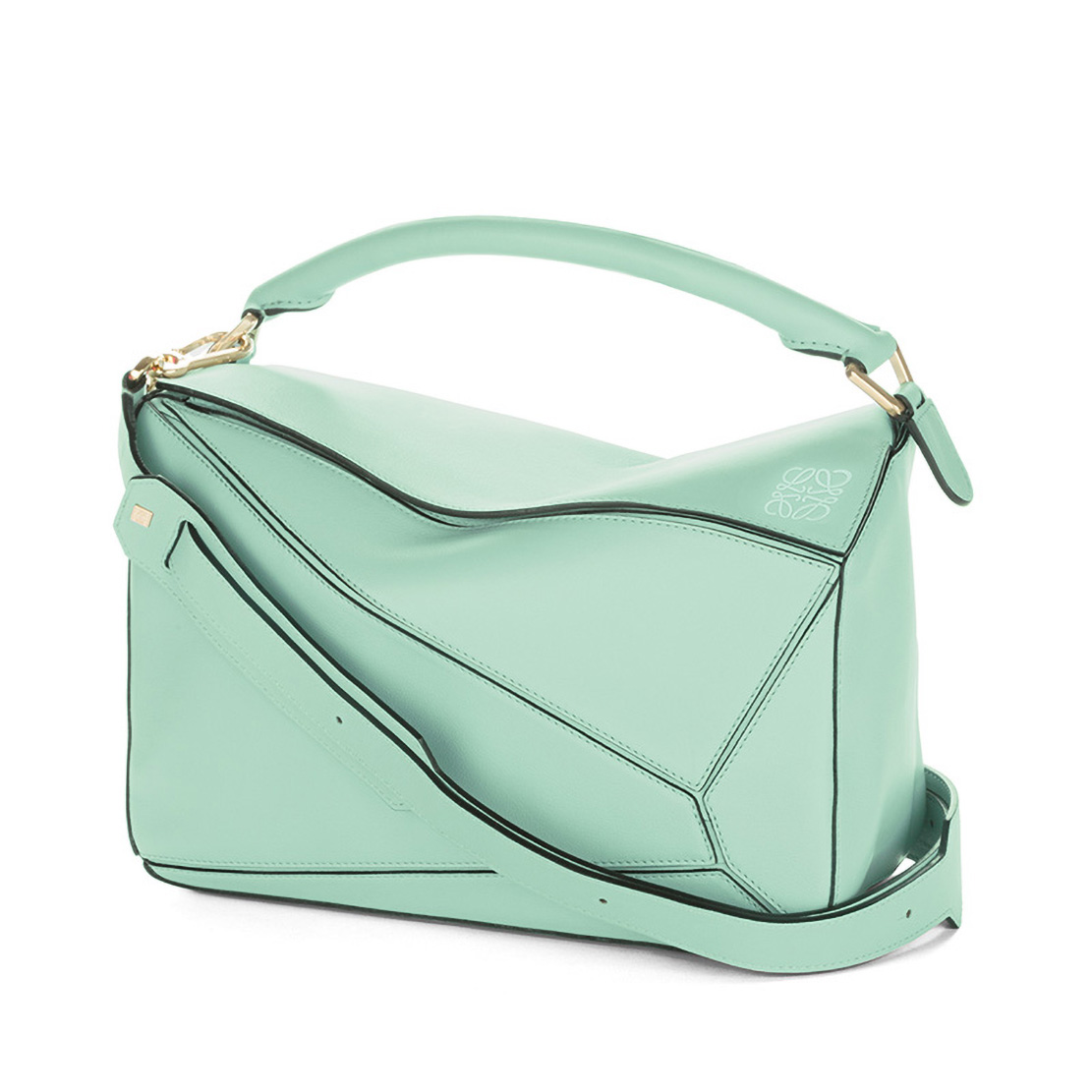 Front view of Loewe Puzzle Bag with Strap Handle in blue calfskin leather