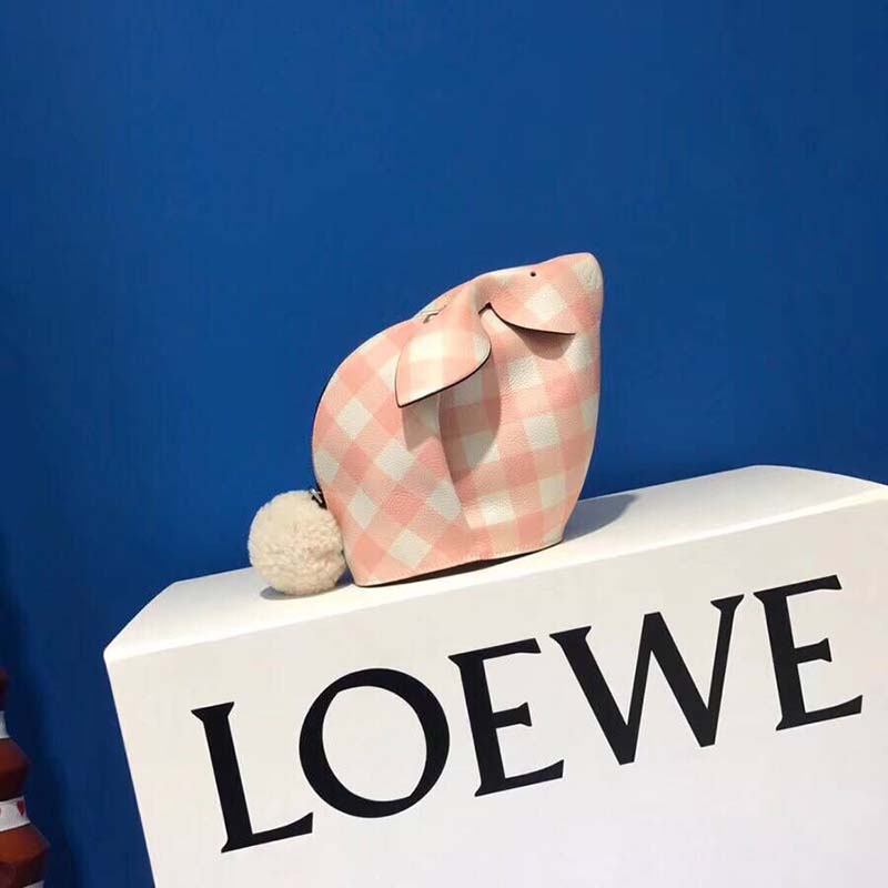 Close-up detail of gingham print and silver hardware on Loewe bag