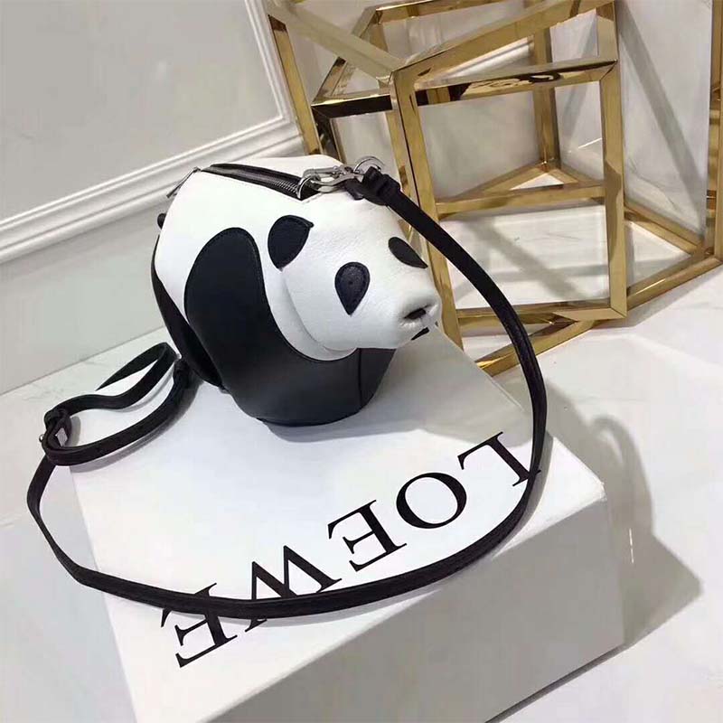 Close-up of black and white calfskin texture on Loewe Panda Mini Bag
