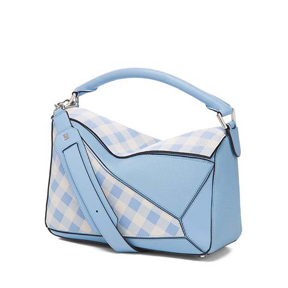 Front view of Loewe Women Puzzle Gingham Bag in Calfskin-Blue