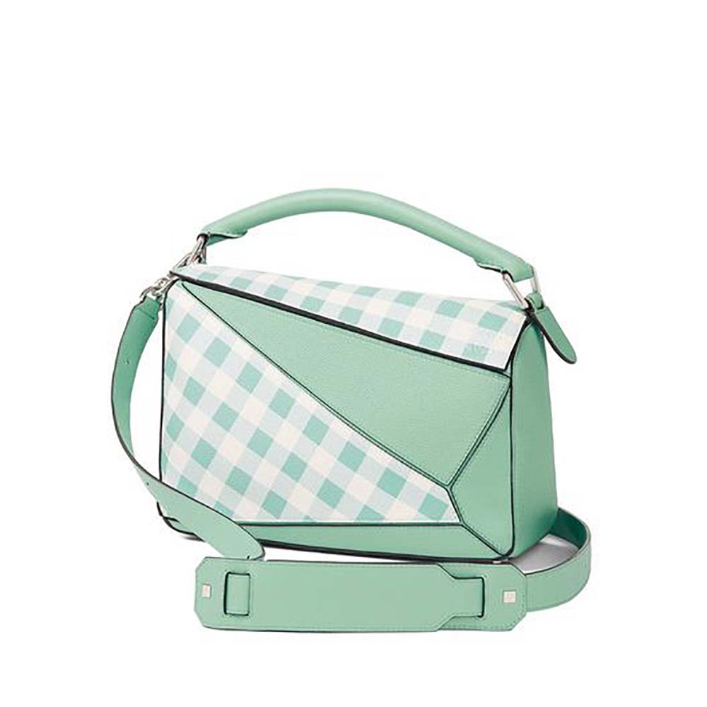 Front view of Loewe Women Puzzle Gingham Bag in Calfskin-Lime
