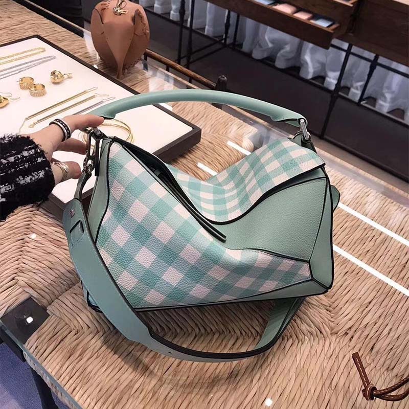 Loewe Women Puzzle Gingham Bag in Calfskin-Lime - image 4