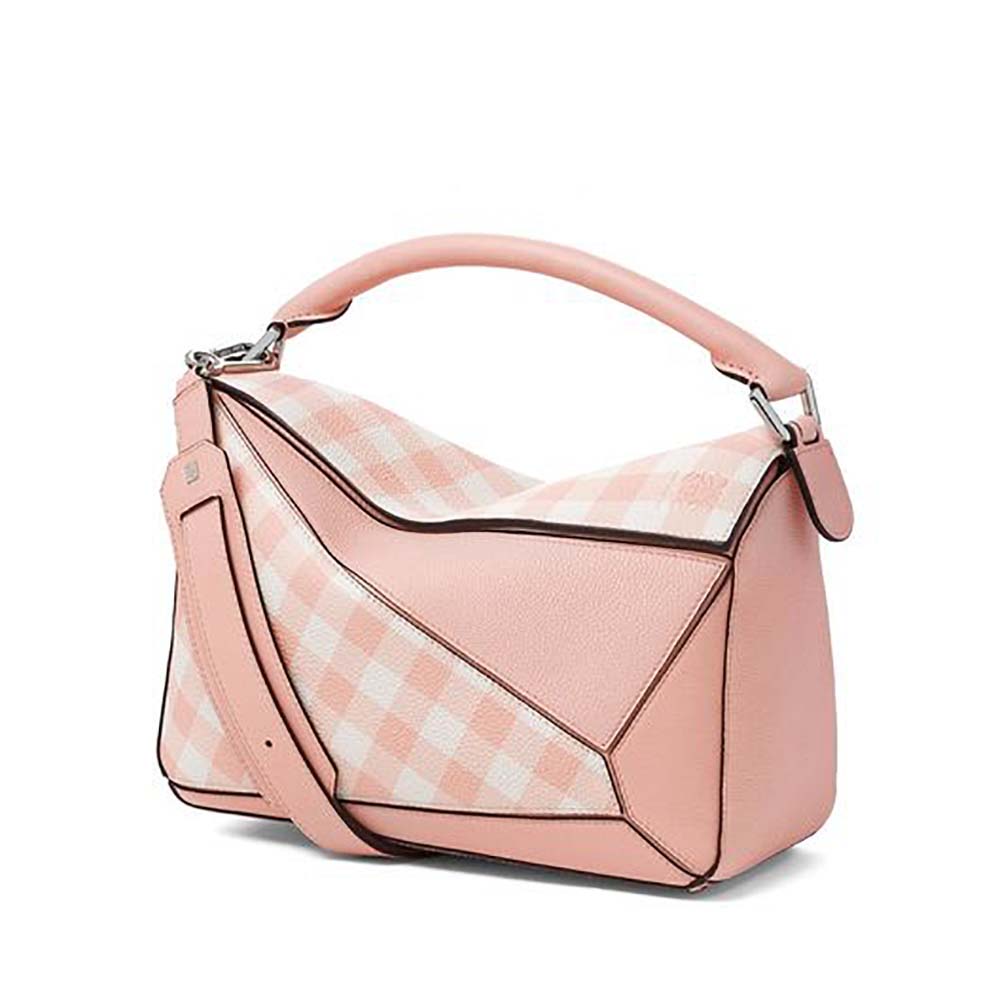 Front angle of Loewe Women Puzzle Gingham Bag in Calfskin-Pink