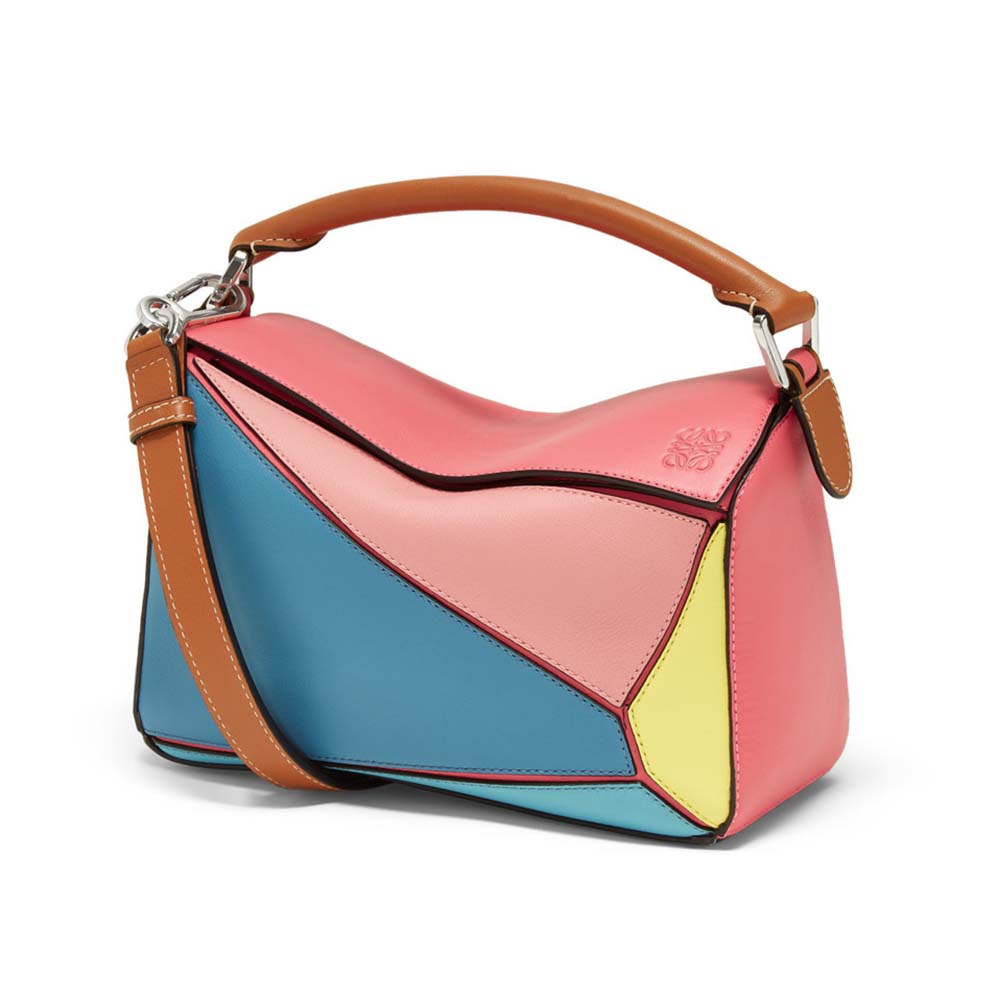 Front view of Loewe Women Puzzle Small Bag Multicolor in pink leather