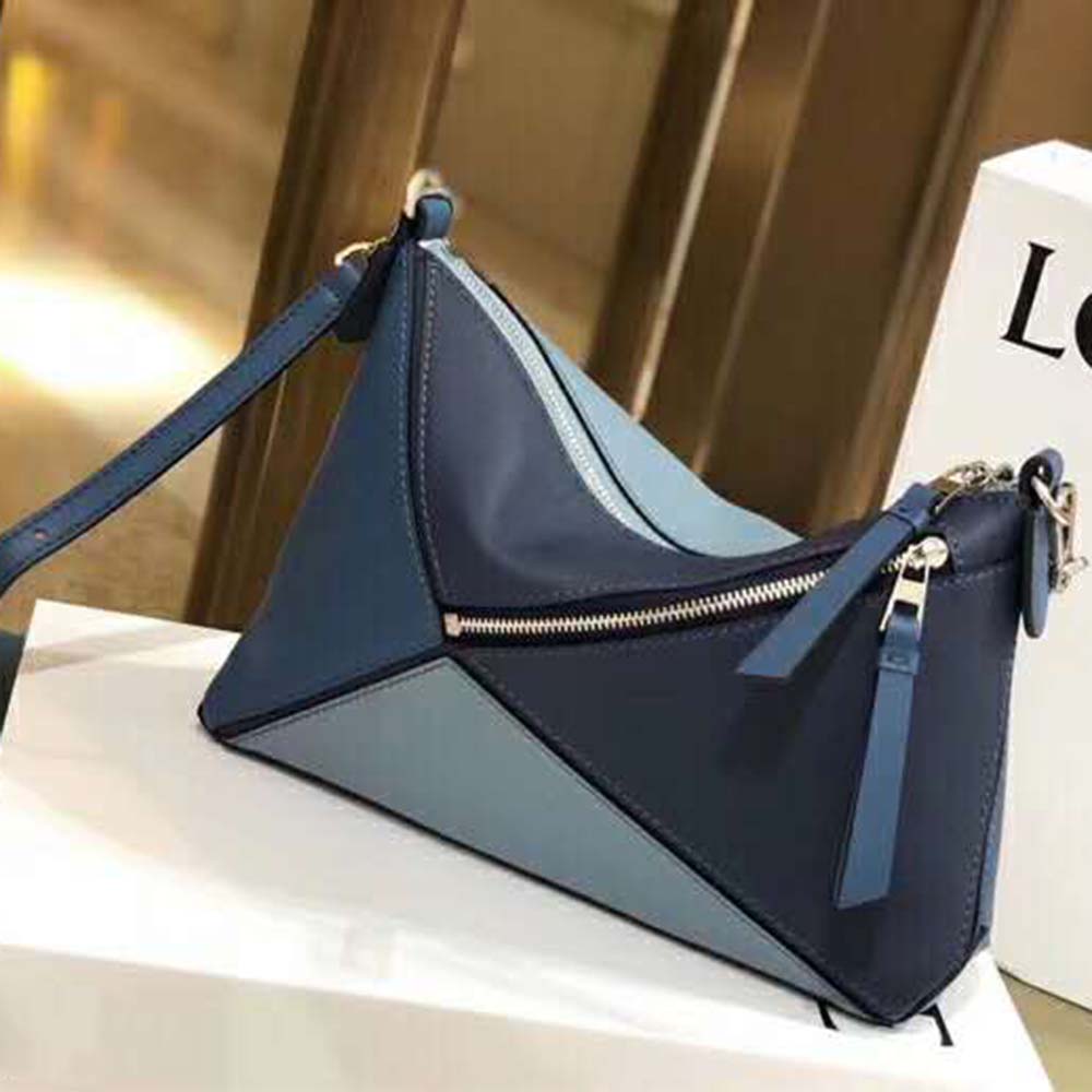 Close-up of silver hardware on Loewe Women Puzzle Small Bag Varsity Blue Multitone