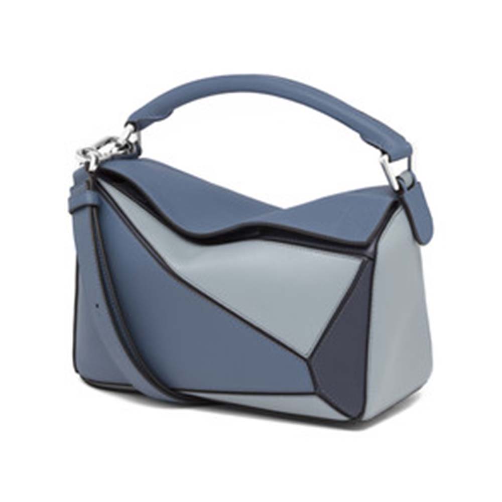Front view of Loewe Women Puzzle Small Bag in Classic Calf Leather-Blue