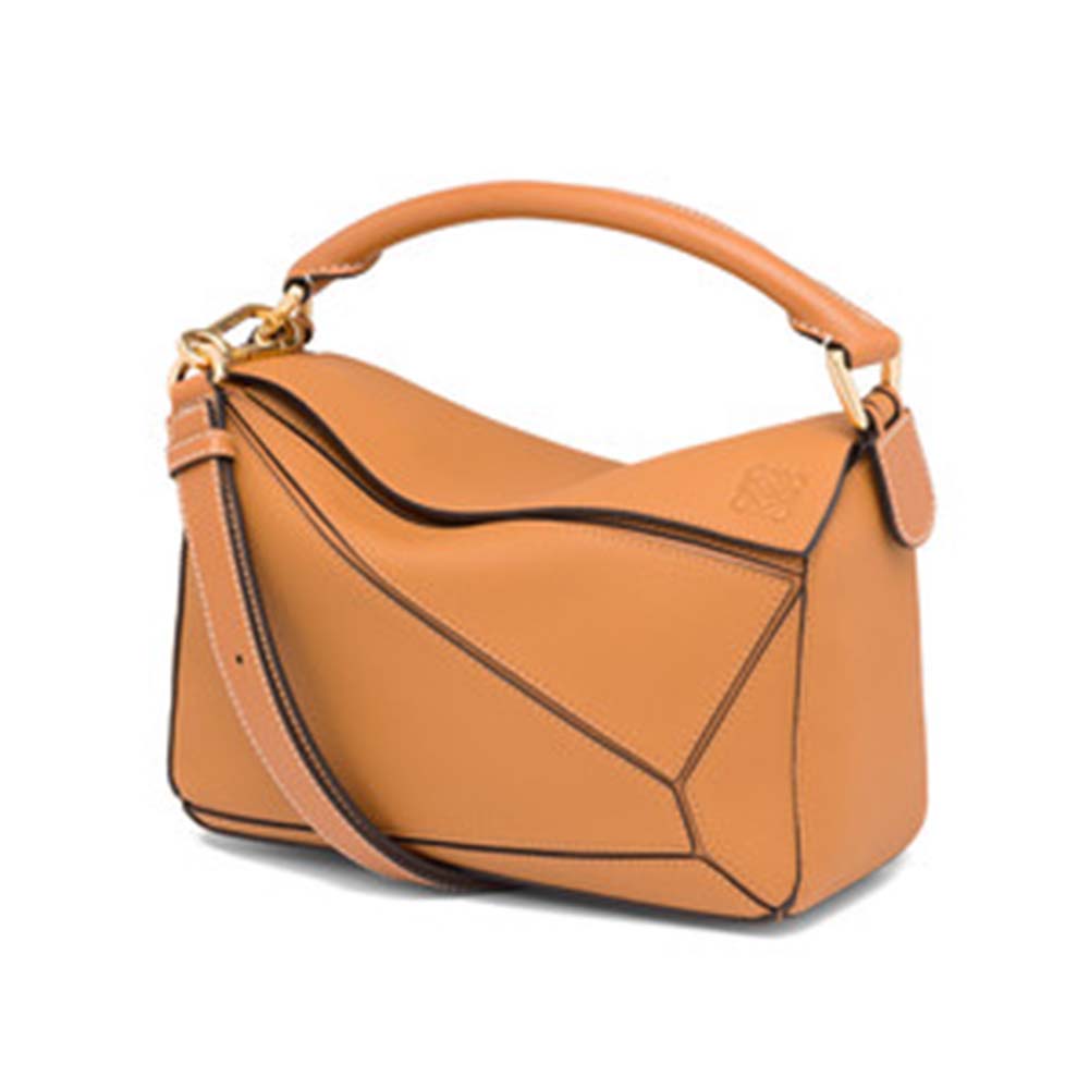 Front angle of Loewe Women Puzzle Small Bag in brown calf leather