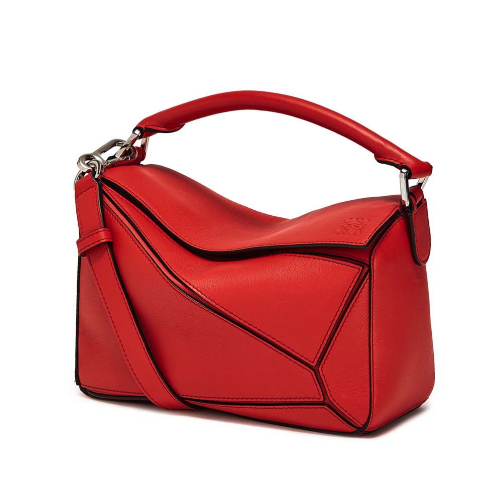 Front view of Loewe Women Puzzle Small Bag in Classic Calf Leather-Red