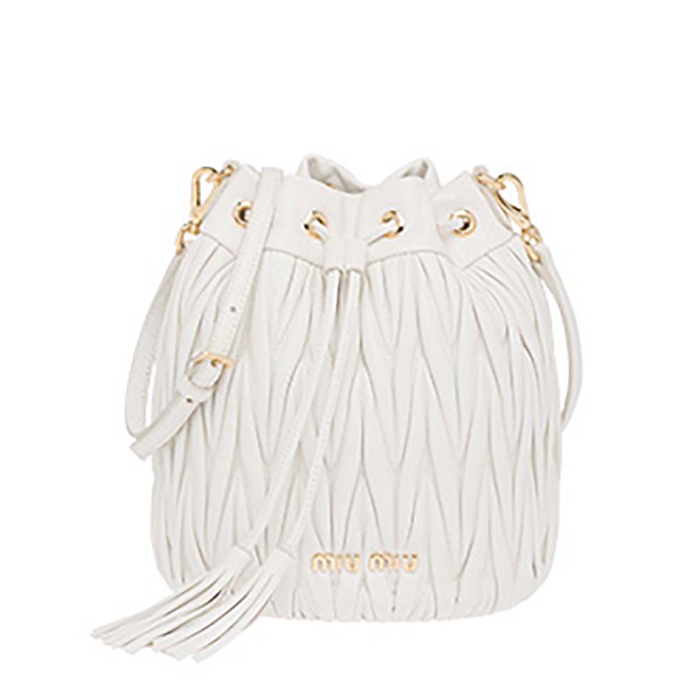 Front angled view of Miu Miu Women Matelasse Leather Bag-White in pink