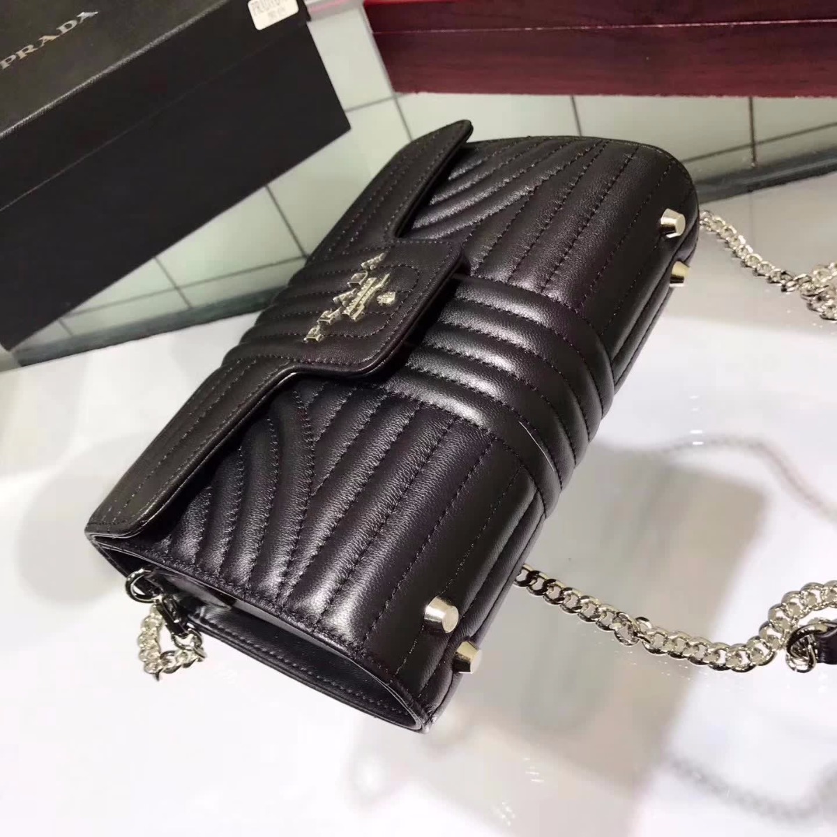 Prada Diagramme Big Leather Handbag with Top Handle-Black - image 4