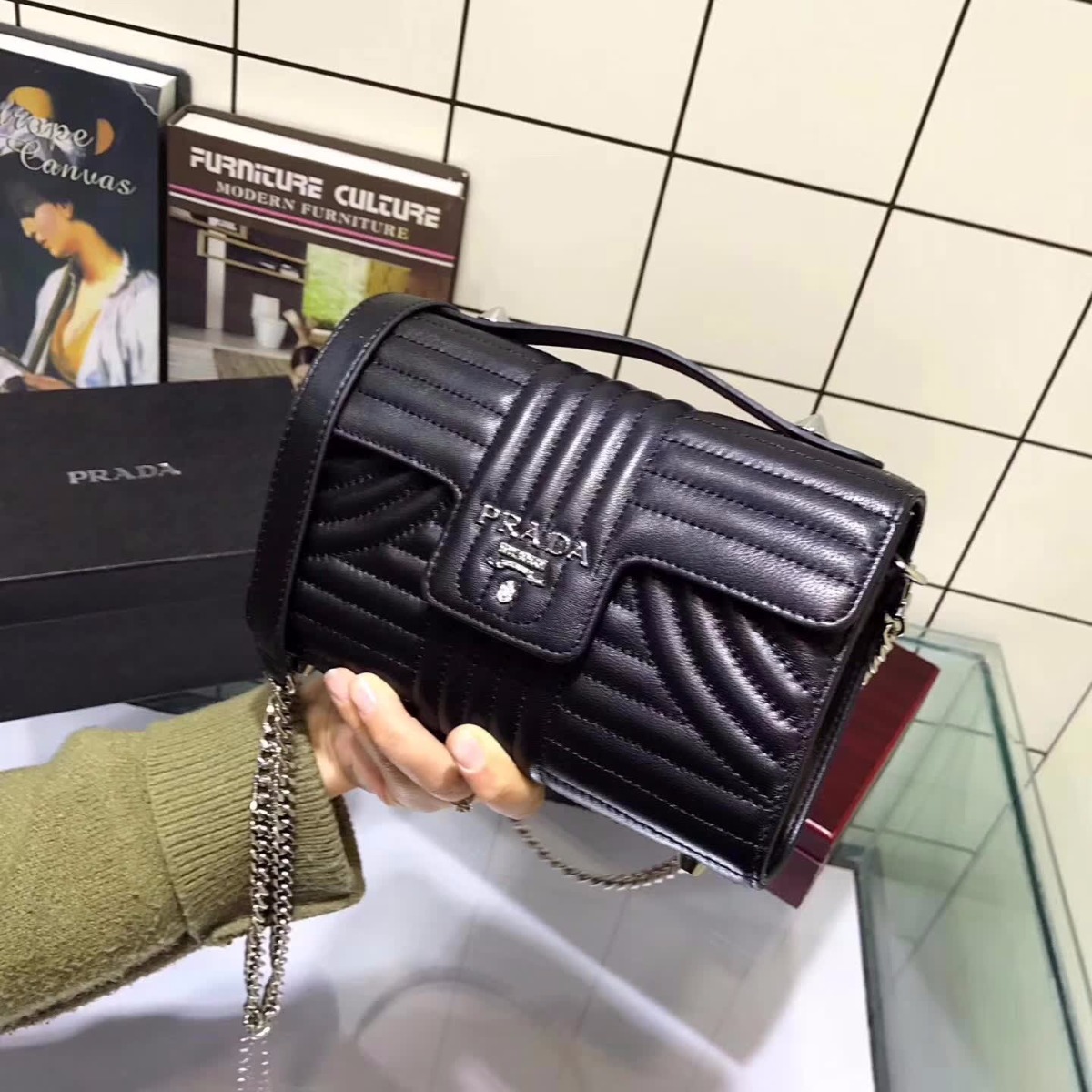 Prada Diagramme Big Leather Handbag with Top Handle-Black - image 7