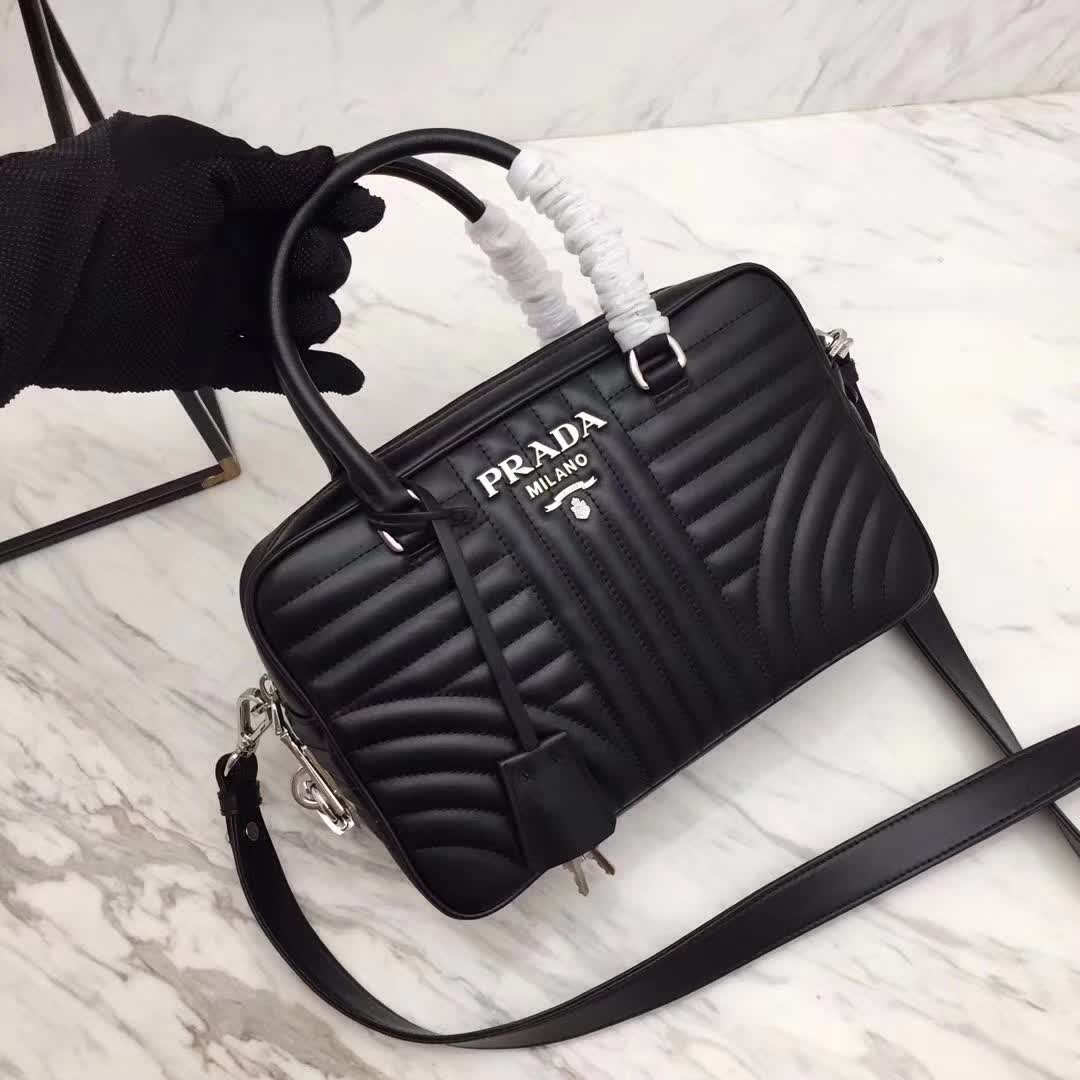 Prada Diagramme Big Leather Handbag with Top Handle-Black - image 6