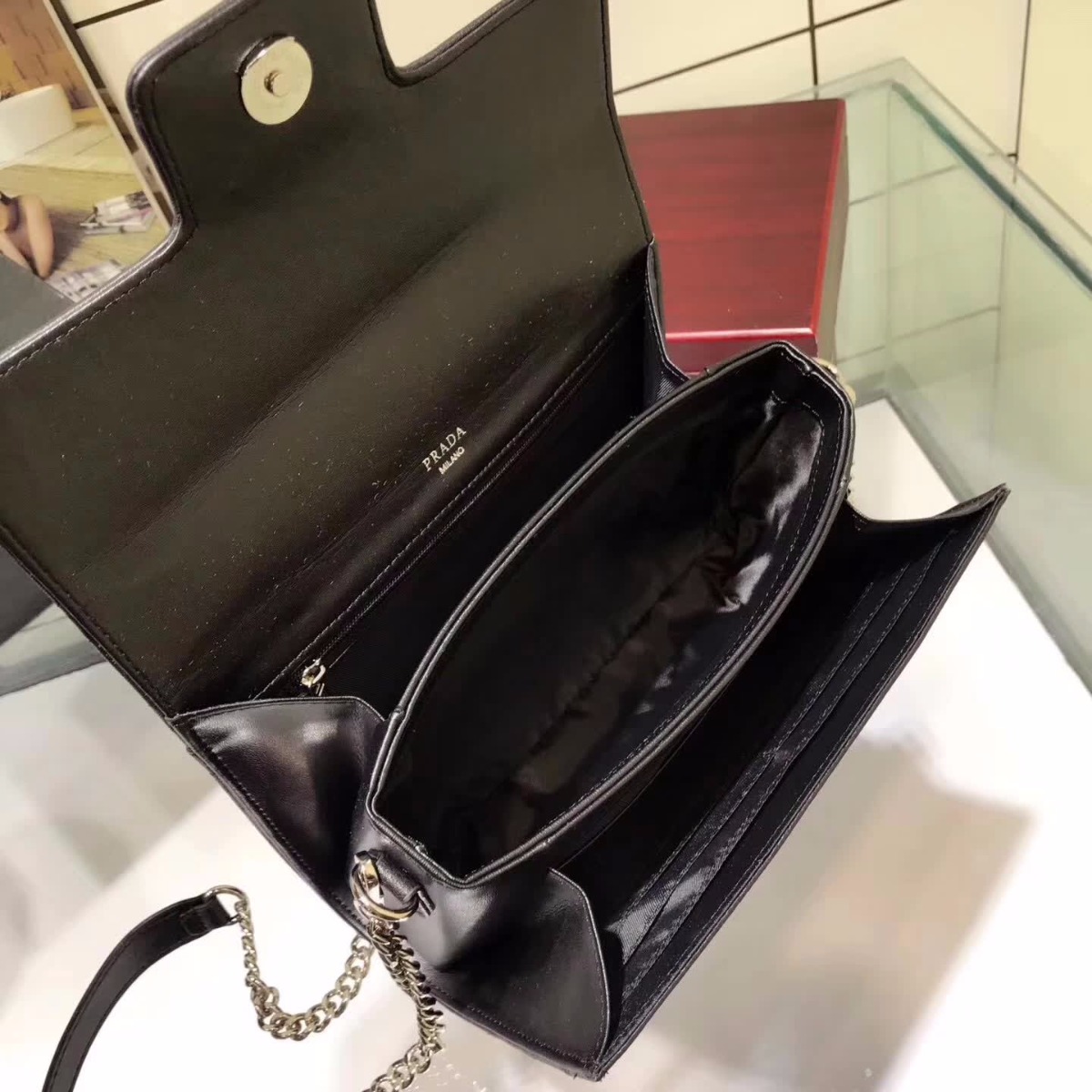 Prada Diagramme Big Leather Handbag with Top Handle-Black - image 9