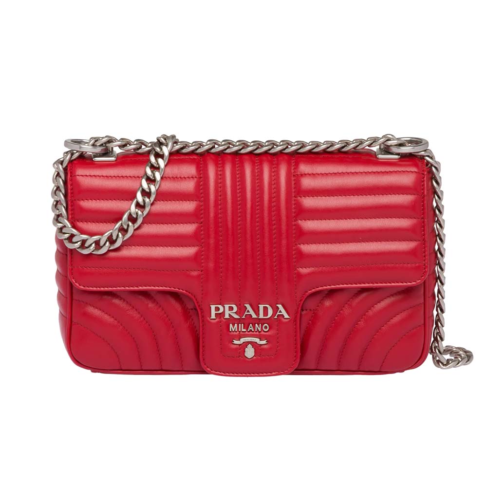 Front view of Prada Diagramme Leather Shoulder Bag-Red with flap closed