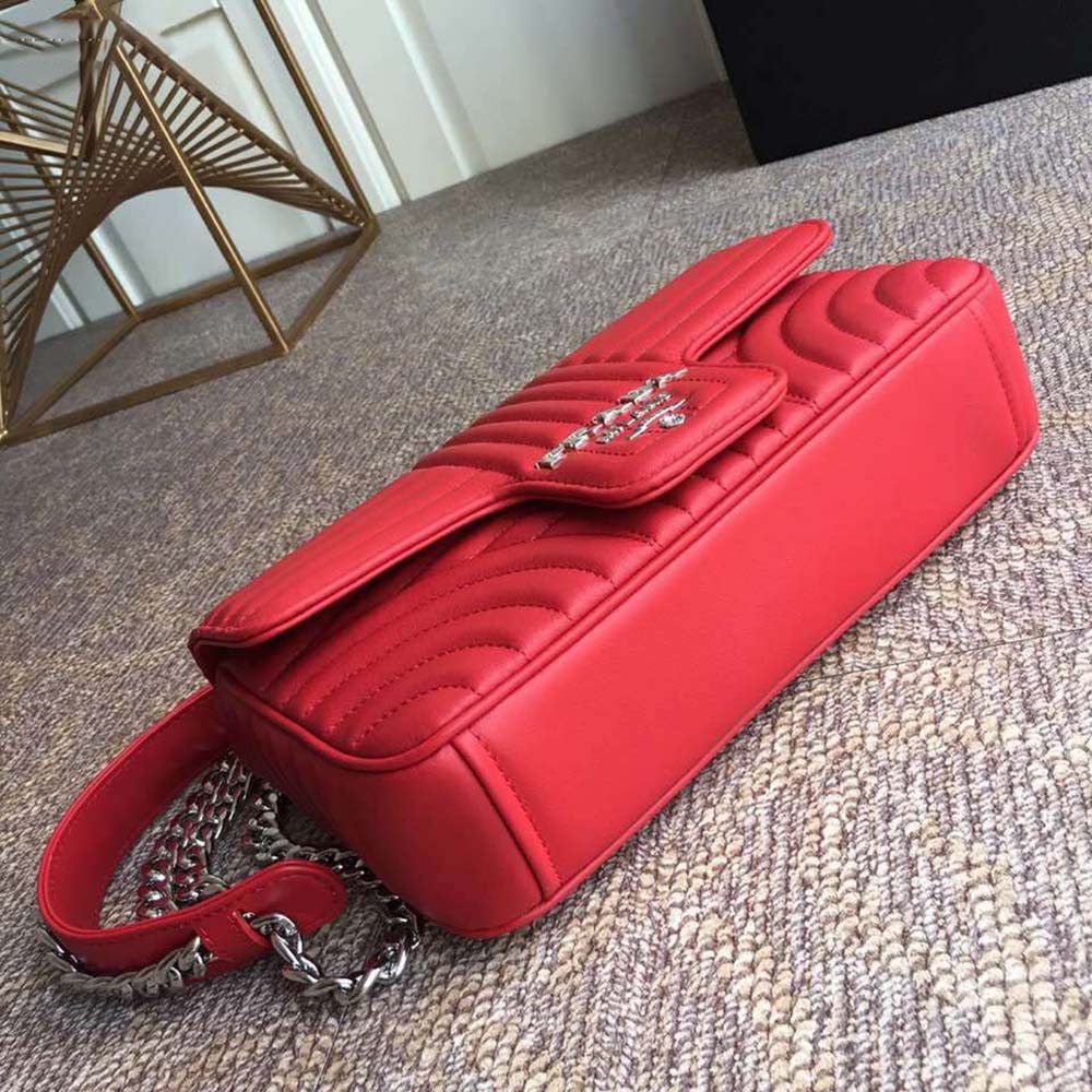 Side angle of Prada Diagramme Leather Shoulder Bag-Red highlighting quilted leather texture