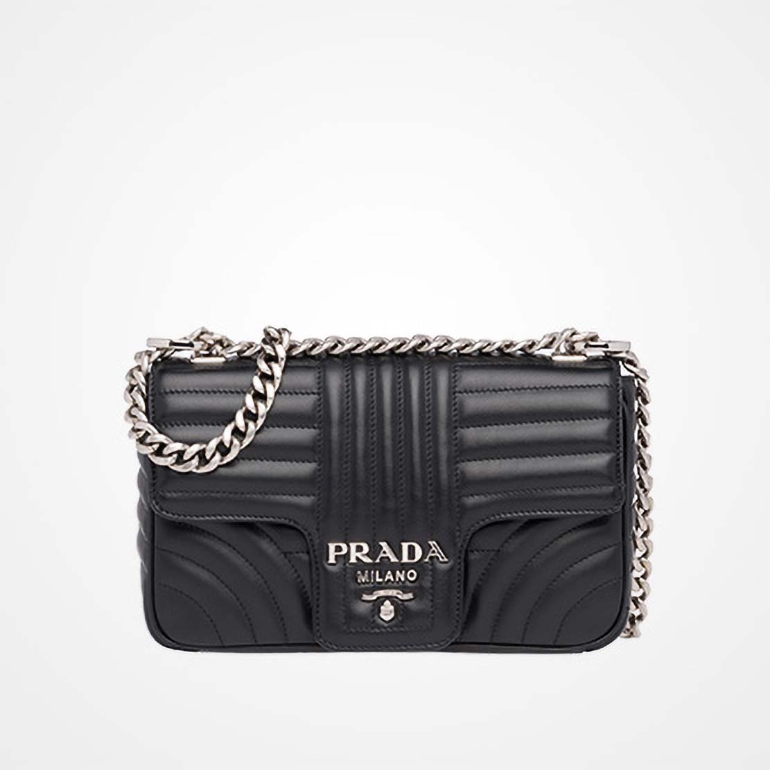 Front view of Prada Diagramme Small Leather Shoulder Bag-Black with chain