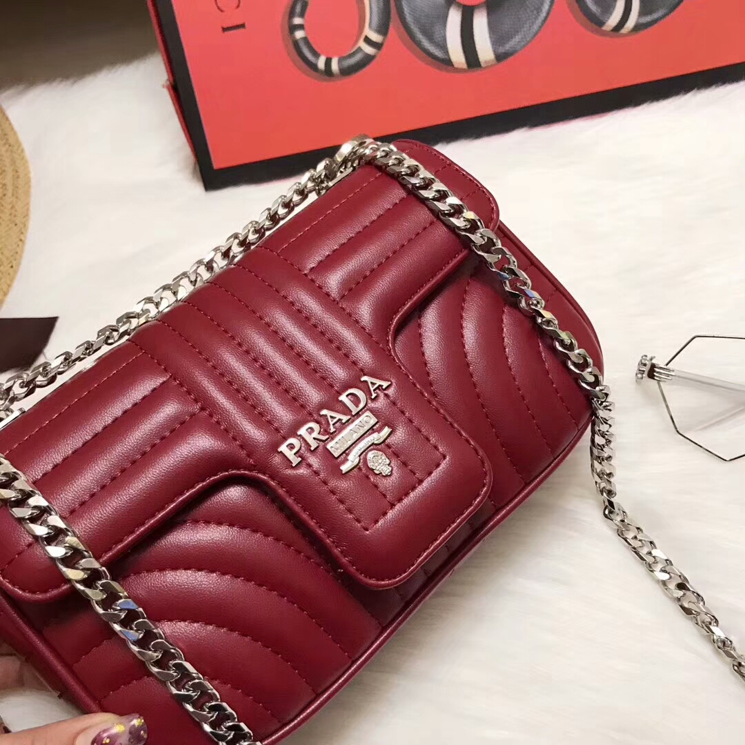 Side angle showing silhouette and gold hardware of Prada Diagramme bag