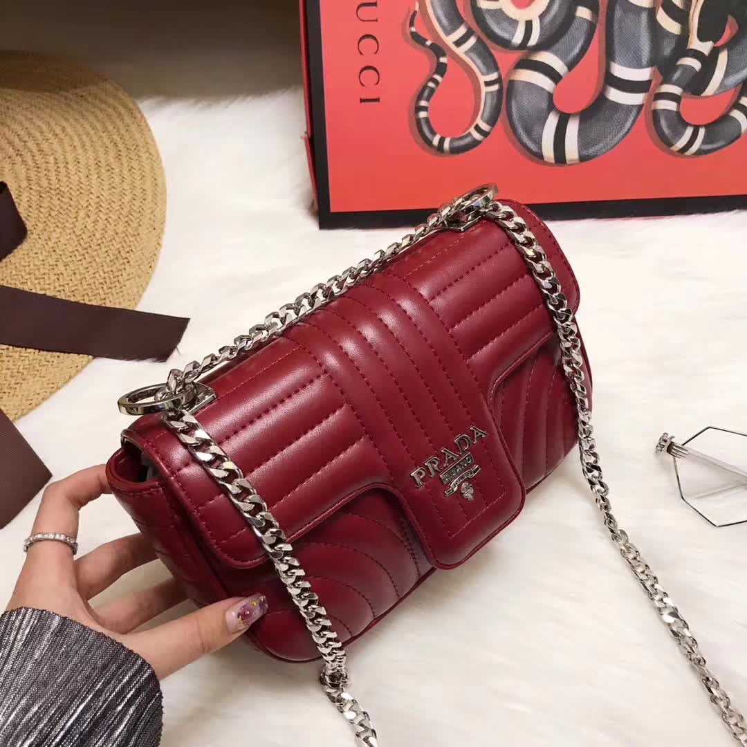 Prada Diagramme Small Leather Shoulder Bag-Maroon - image 5