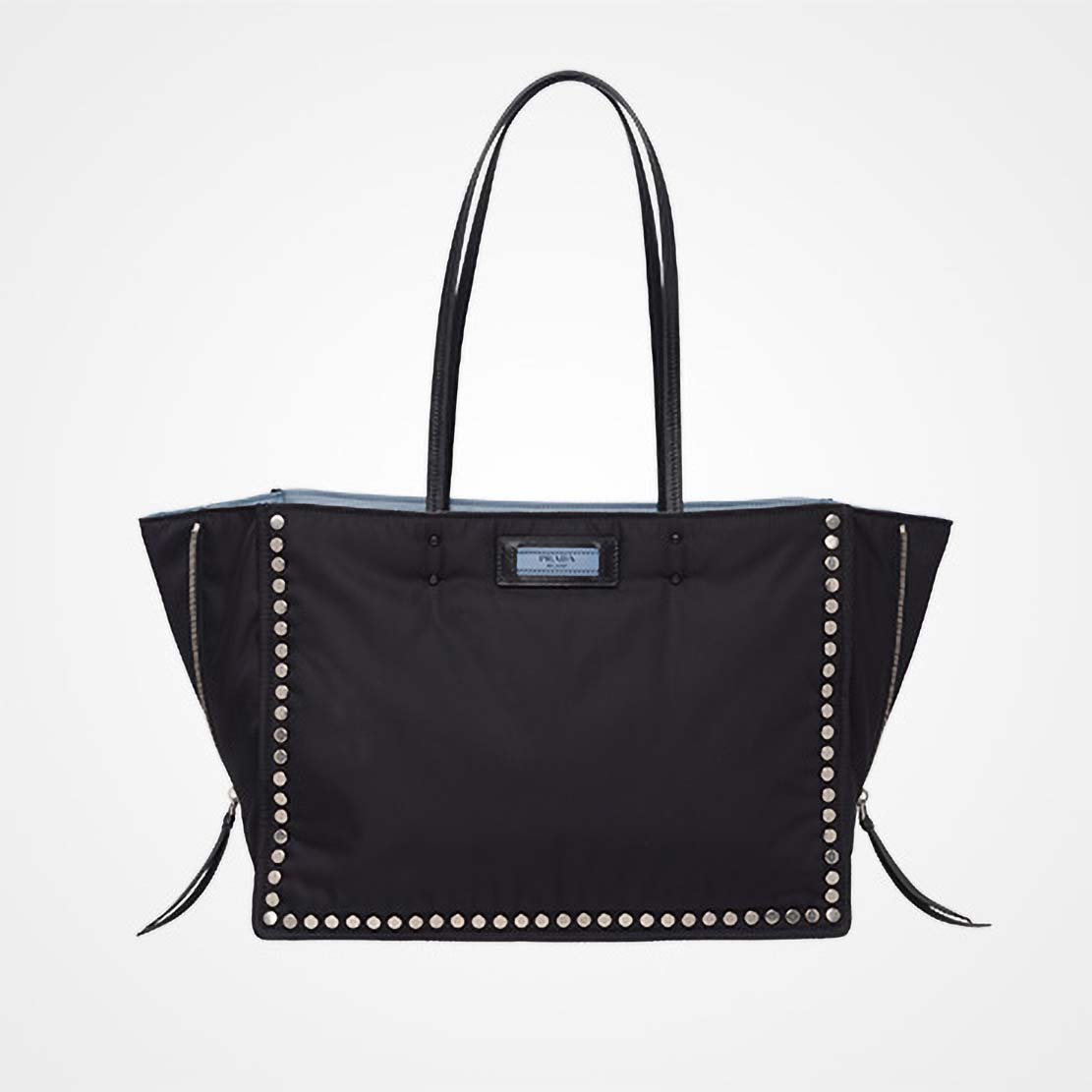 Front view of Prada Etiquette Fabric Tote with Metal Stud Trim-Black