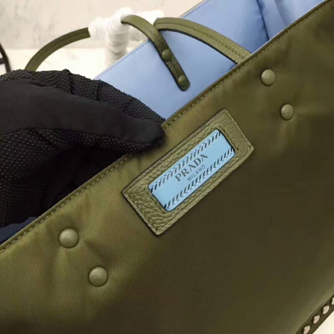 Prada Etiquette Fabric Tote with Metal Stud Trim-Olive - image 9