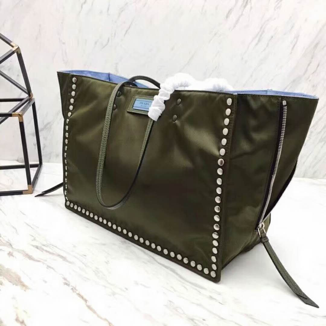 Prada Etiquette Fabric Tote with Metal Stud Trim-Olive - image 4