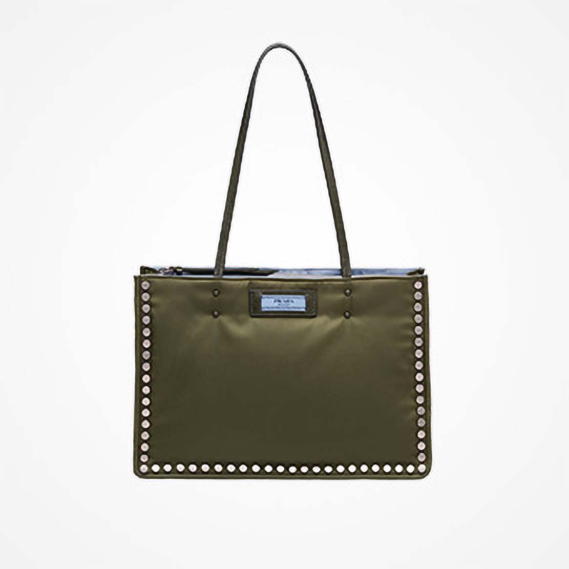 Front view of Prada Etiquette Fabric Tote with Metal Stud Trim-Olive