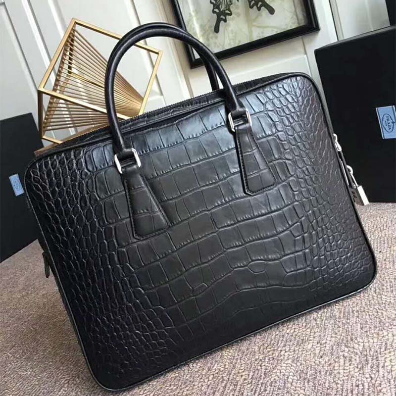 Side profile showing structured silhouette of Prada Men Crocodile Leather Briefcase-Black
