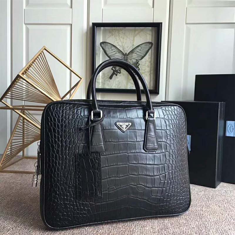 Close-up of black crocodile leather texture on Prada Men Crocodile Leather Briefcase-Black
