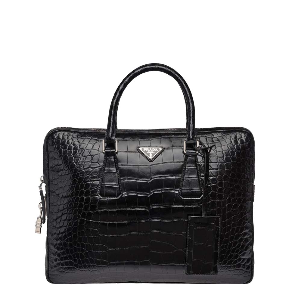 Front view of Prada Men Crocodile Leather Briefcase-Black with silver hardware