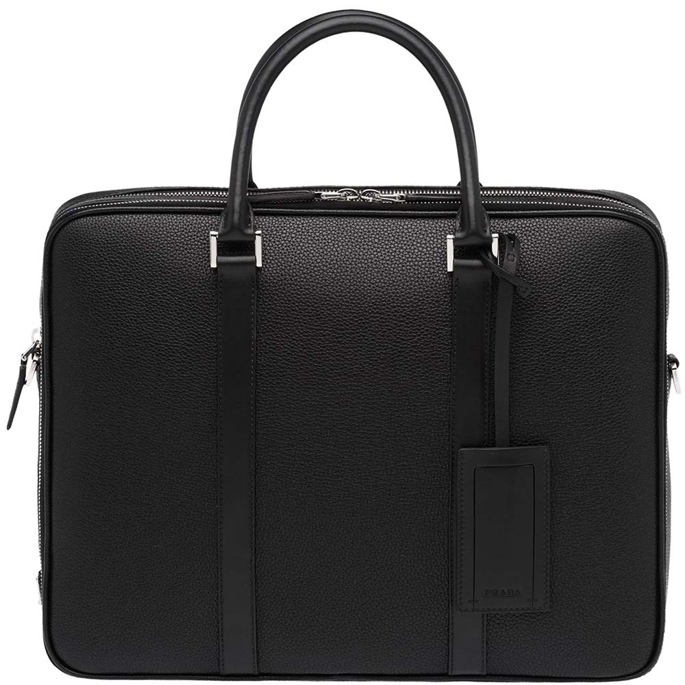 Front angle view of Prada Men Grained Calf Leather Briefcase Bag in Black