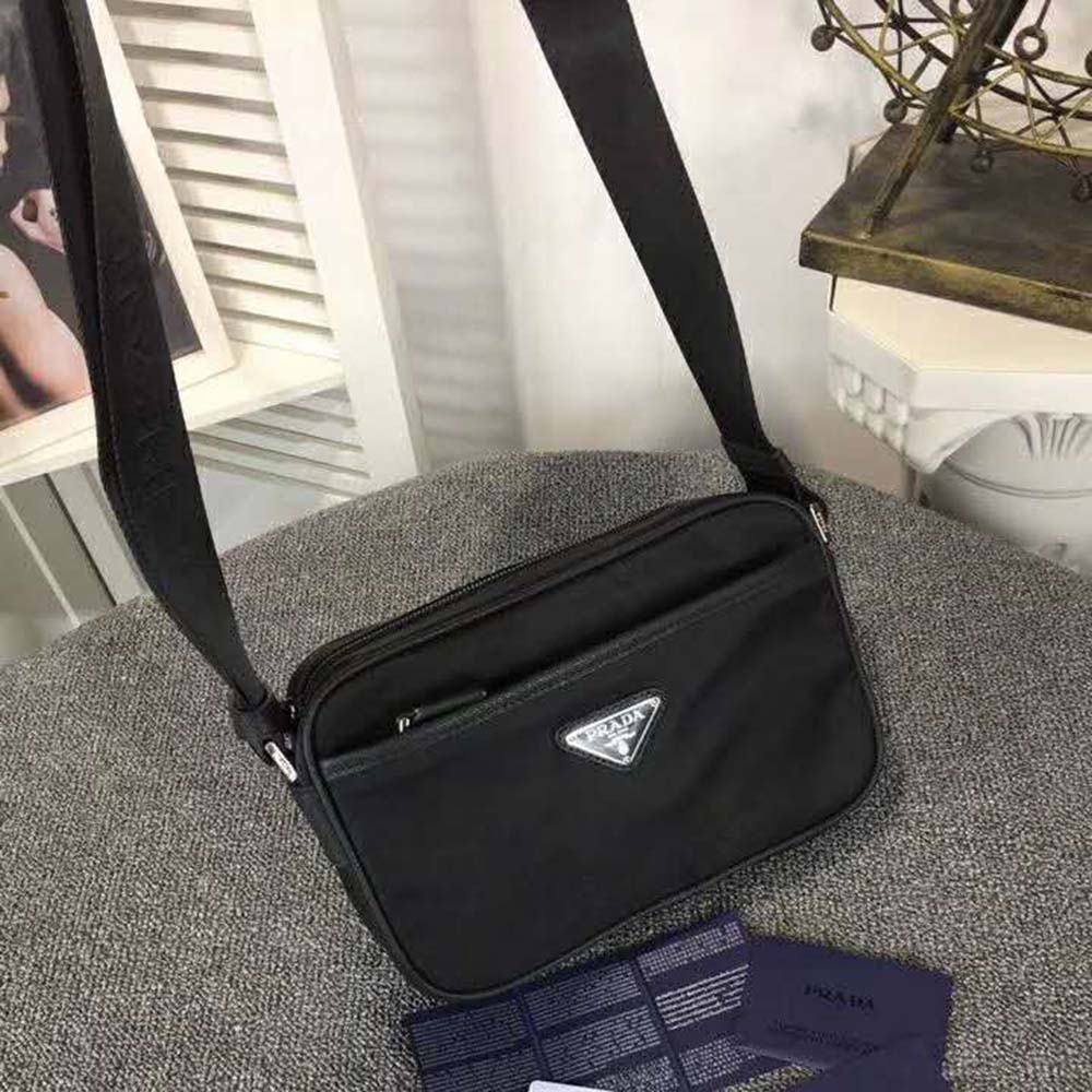 Side angle showing adjustable strap of Prada Men Nylon Shoulder Bag-Black
