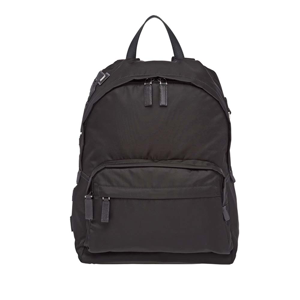 Front view of Prada Men Nylon and Saffiano Leather Backpack-Black