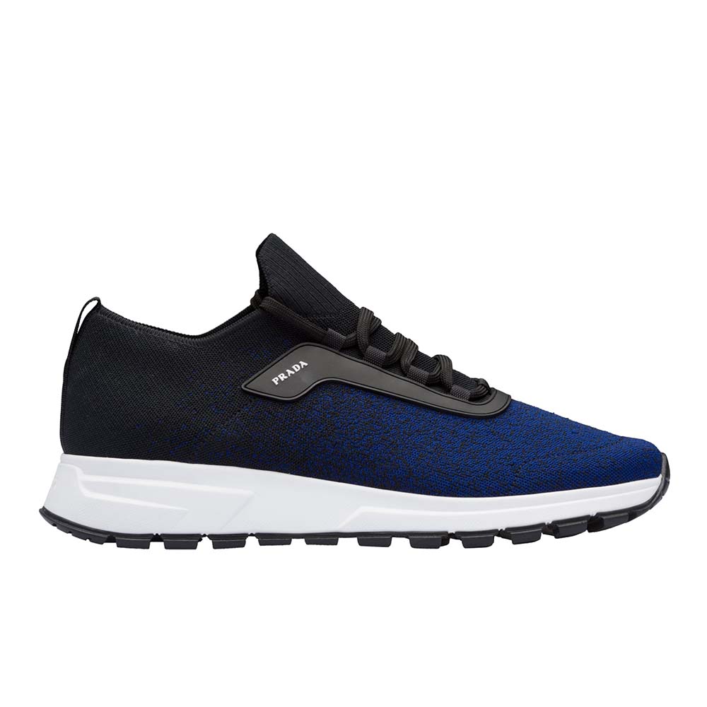 Side profile of Prada Men PRAX 01 Knit Fabric Sneakers-Navy showing silhouette