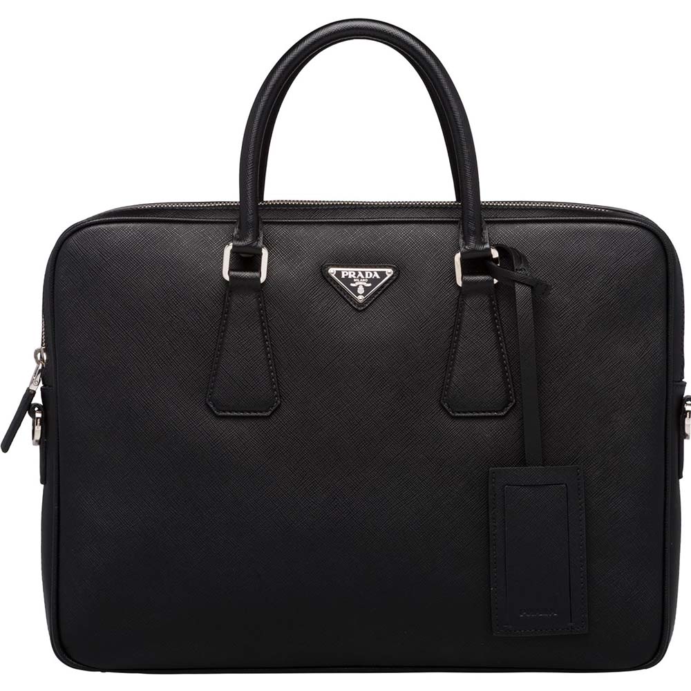 Front view of Prada Men Saffiano Leather Black Briefcase Bag with zip closure