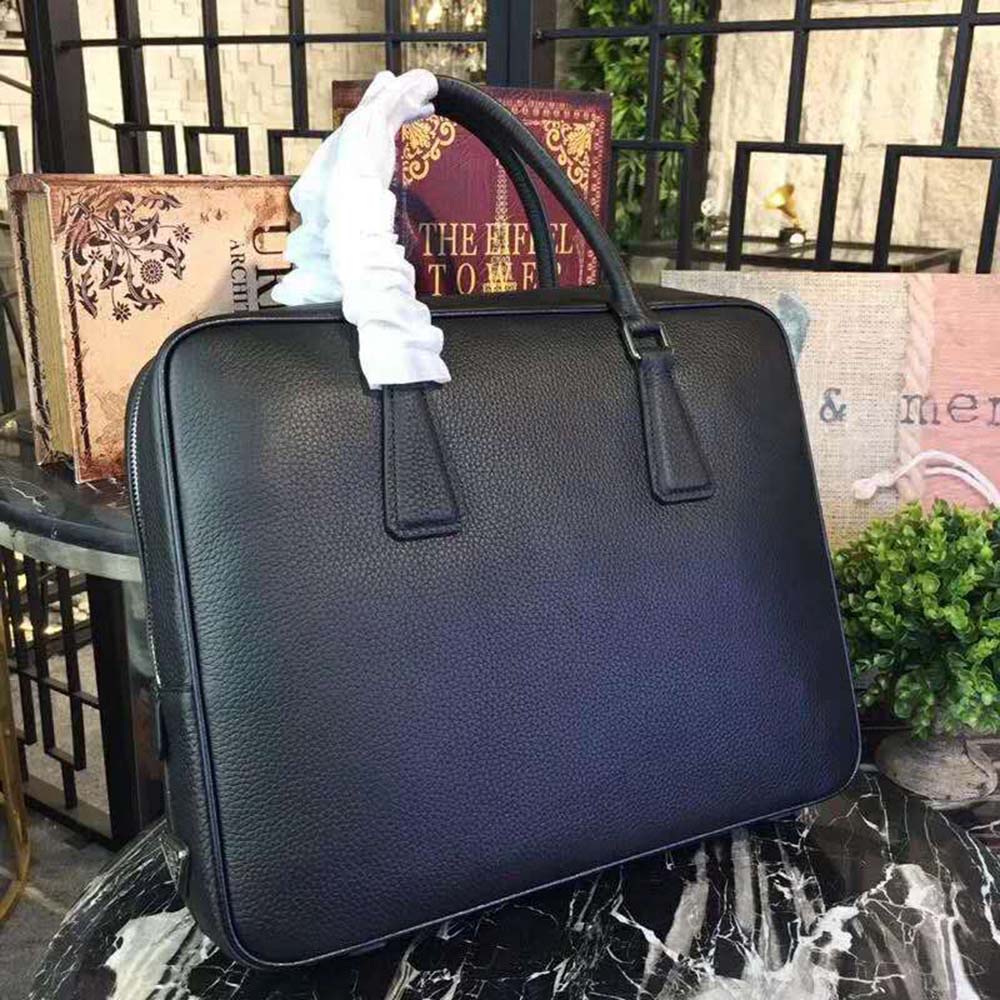 Close-up of textured saffiano leather on Prada Men Saffiano Leather Briefcase Bag