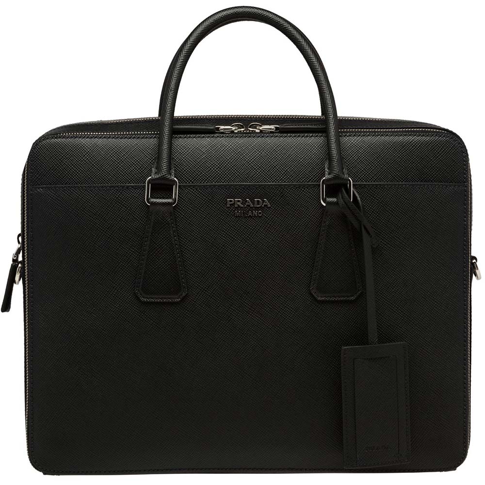Front view of Prada Men Saffiano Leather Briefcase Bag-Black with zip closure
