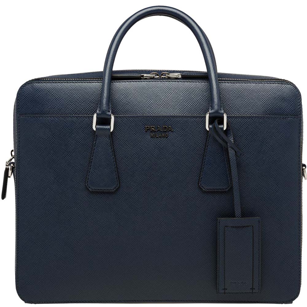 Front view of Prada Men Saffiano Leather Briefcase Bag-Navy showing zip closure
