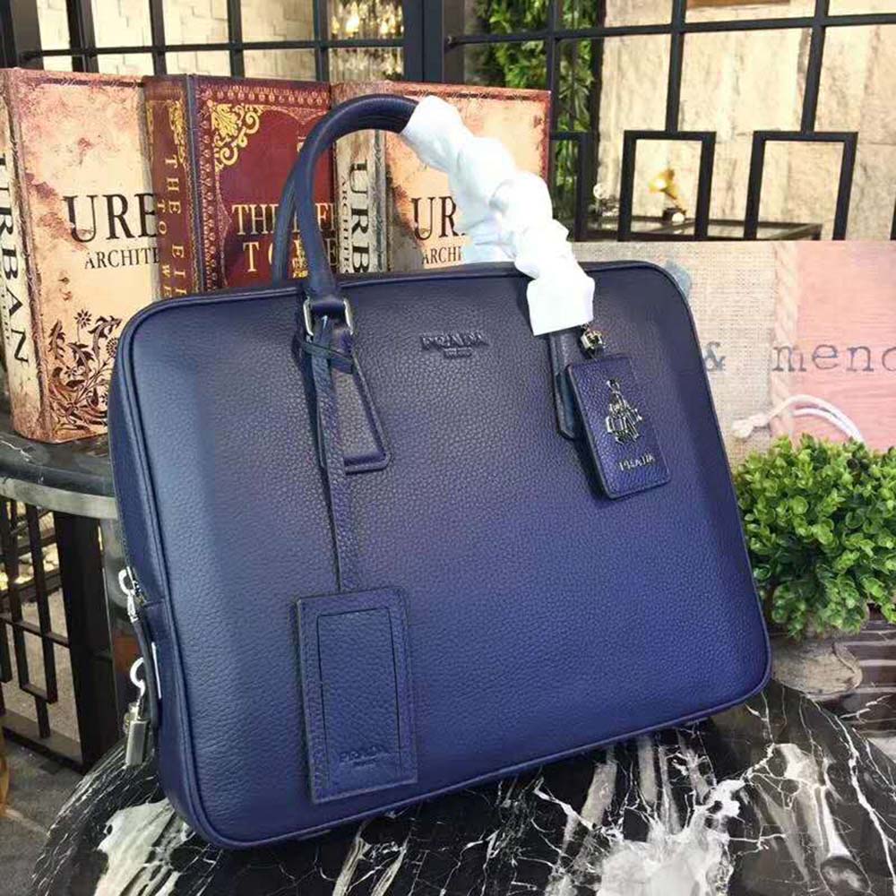 Close-up of textured navy saffiano leather on Prada Men Saffiano Leather Briefcase Bag-Navy