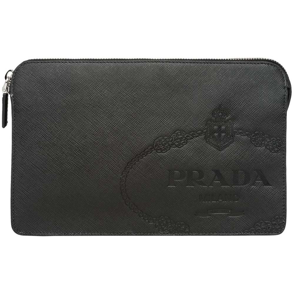 Front view of Prada Men Saffiano Leather Hand Bag-Black showing logo
