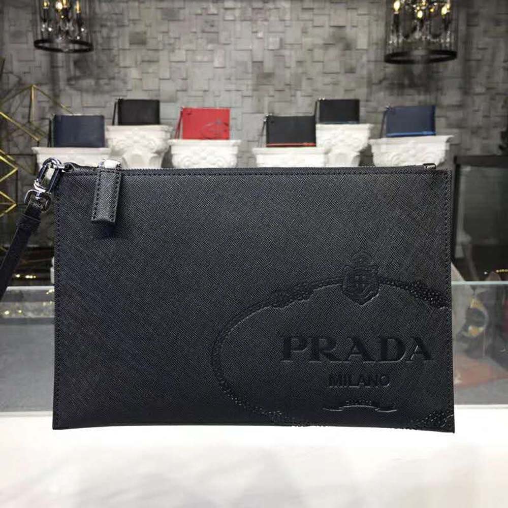 Close-up of Prada Men Saffiano Leather Hand Bag-Black textured leather detail
