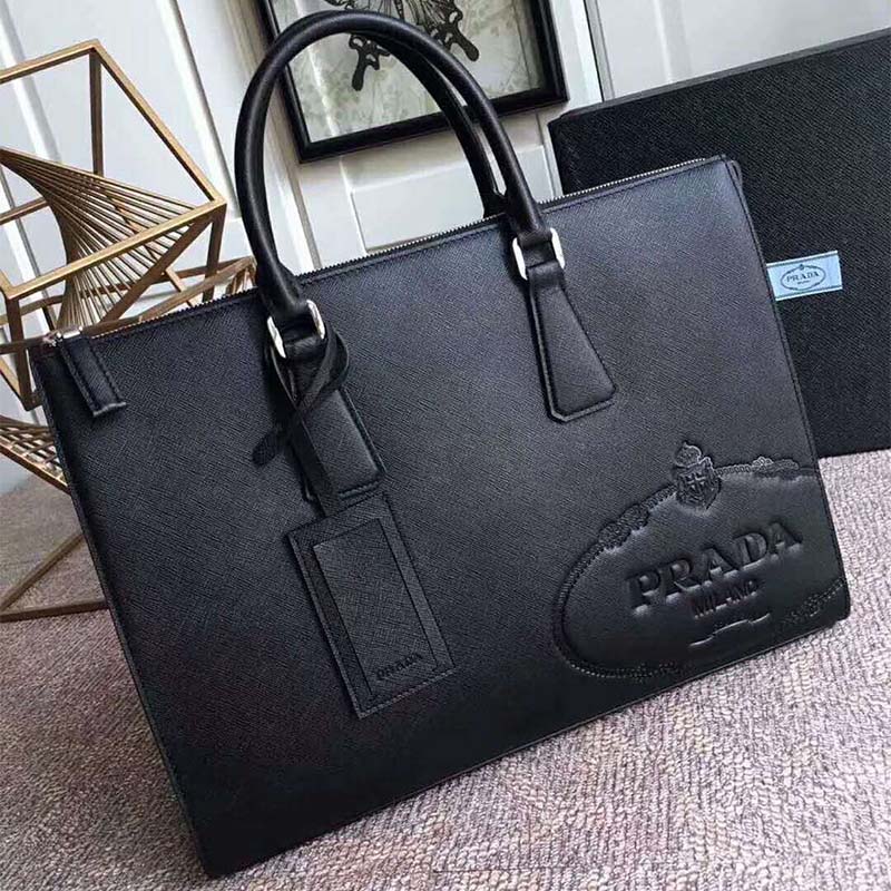 Side view highlighting zip closure and sleek design of Prada Men Saffiano Leather Tote-Black