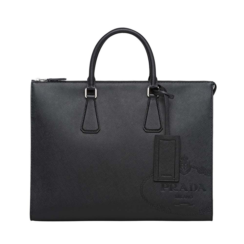 Front angle of Prada Men Saffiano Leather Tote-Black showing structured silhouette
