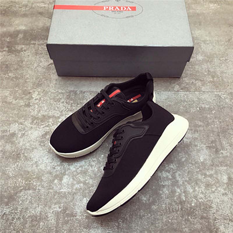 Close-up of black nylon and leather textures on Prada Men Shoes Sneakers