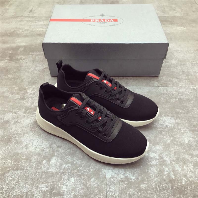 Top view of Prada Men Shoes Nylon and Leather Sneakers-Black lace detailing