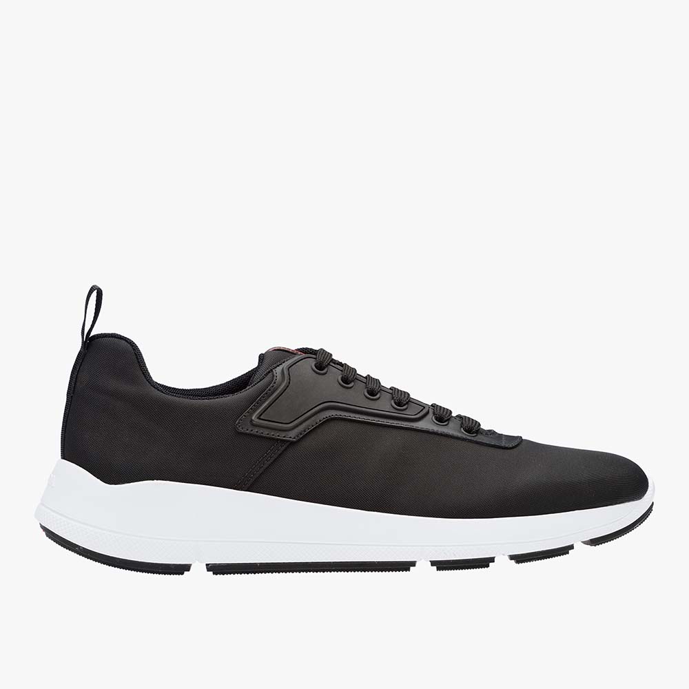 Side view of Prada Men Shoes Nylon and Leather Sneakers-Black showing silhouette