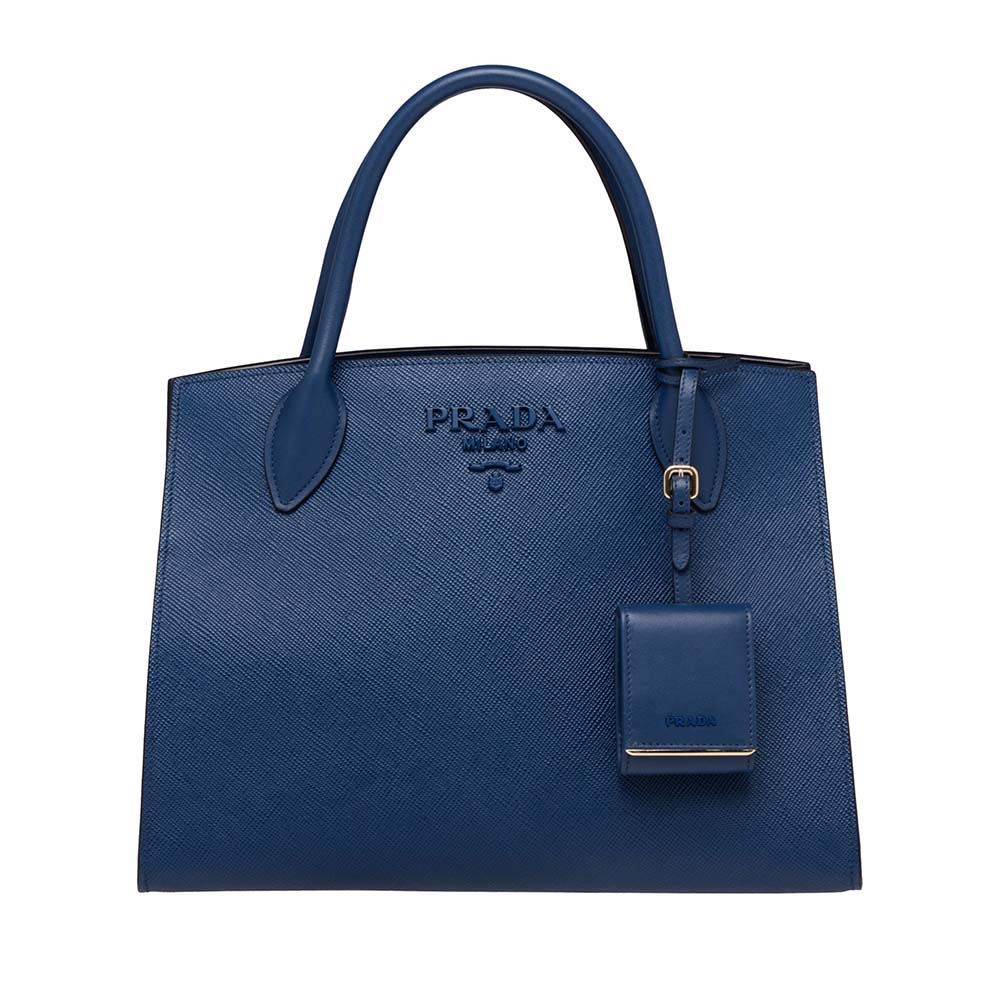 Front view of Prada Monochrome Handbag In Saffiano And Calf Leather-Navy