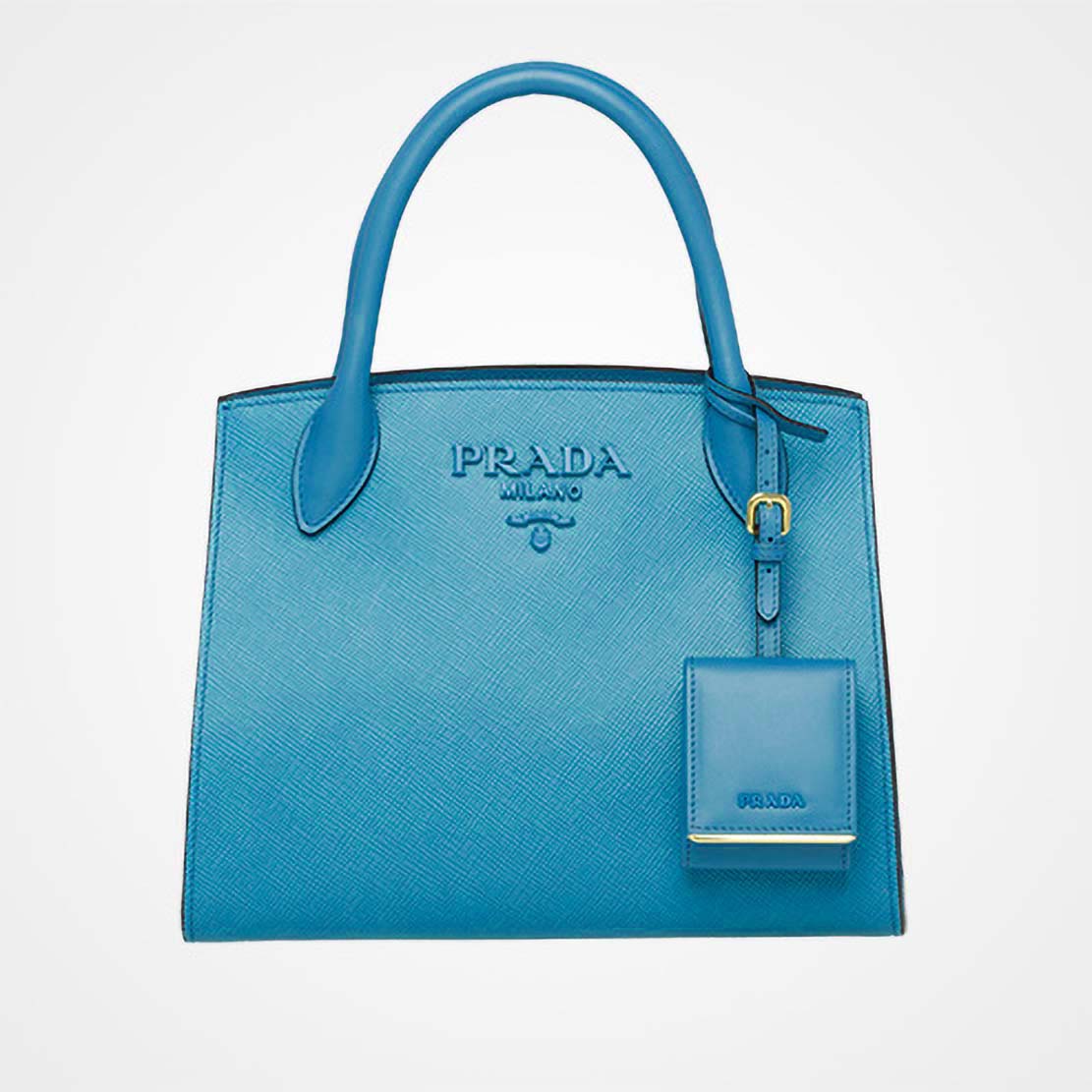 Front view of Prada Monochrome Handbag in Saffiano and Calf Leather-Aqua