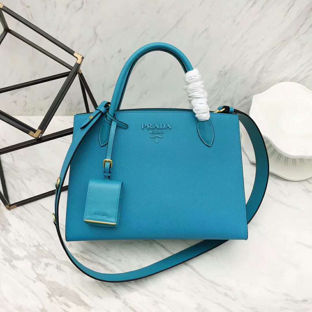 Close-up on silver hardware and textured saffiano leather detail